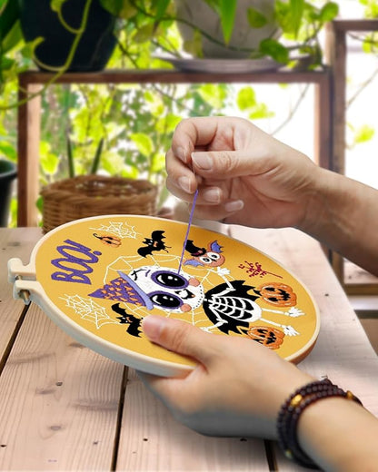 TINDTOP Halloween Embroidery Kit for Adult, 3 Pack Embroidery DIY Starter Kit, with Stamped Patterns, Hoop, Tools, Colorful Threads with Needles, Instructions