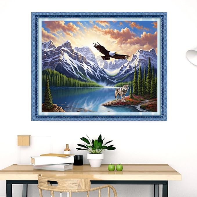 Dimensean Stamped Cross Stitch Kits Full Range of Embroidery Patterns Starter Kits for Beginners Adult DIY Cross Stitches Needlepoint Kits 11CT-Mountain River Forest Eagle 16x20 inch
