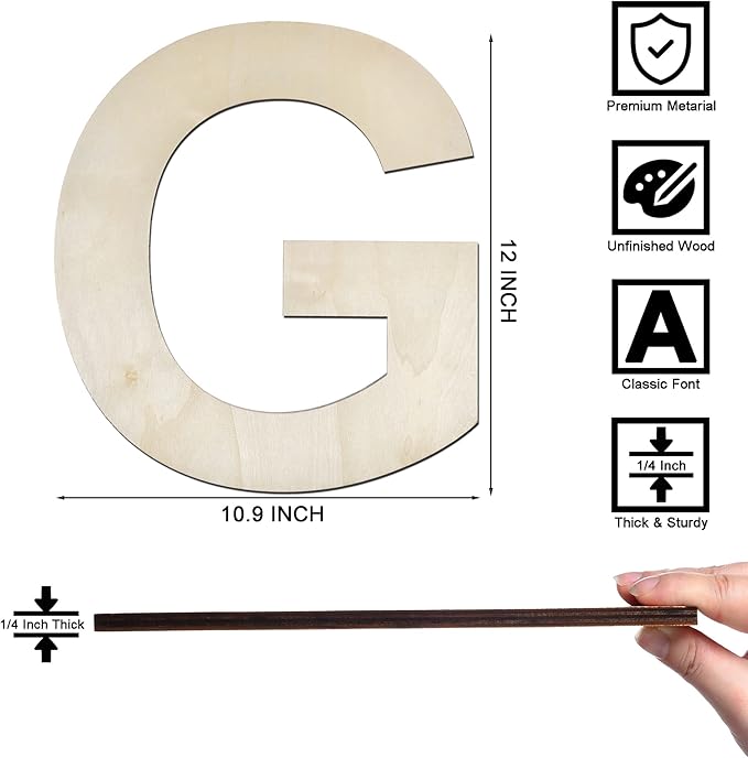 12 Inch Wooden Letter G, 1/4 Inch Thick Large Unfinished Wood Letter for Home Wall Decor, DIY Crafts