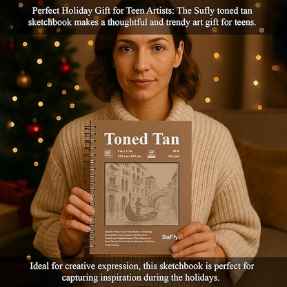 SuFly Toned Tan Sketchbook 9x12 Inches, 60 Sheets - 90lb/150gsm Toned Tan Sketch Paper for Mixed Media, Charcoal, Graphite, Colored Pencils & White Gel Pens, 100% Recycled, Wire-O Bound.