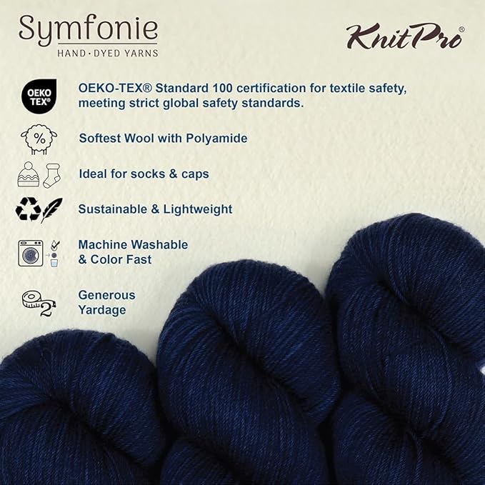 KnitPro Symfonie Hand Dyed Yarn | Extra Fine Merino Wool & Polyamide Blend for Knitting & Crocheting, Fingering Weight, Oeko-TEX Certified 400m, 100g Skein | Terra Semi-Solid Delhi Blue