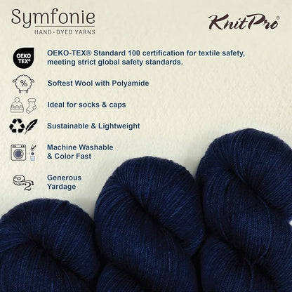 KnitPro Symfonie Hand Dyed Yarn | Extra Fine Merino Wool & Polyamide Blend for Knitting & Crocheting, Fingering Weight, Oeko-TEX Certified 400m, 100g Skein | Terra Semi-Solid Delhi Blue