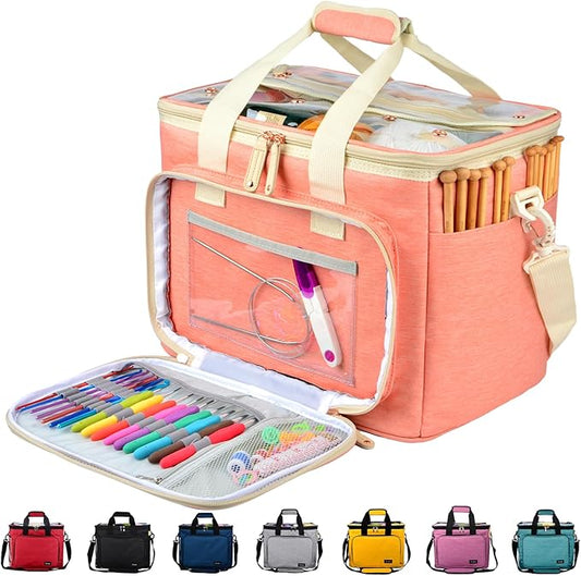 Hoshin Knitting Bag for Yarn Storage, High Capacity Yarn Totes Organizer with Inner Divider Portable for Carrying Project, Knitting Needles(up to 14”), Crochet Hooks, Skeins of Yarn (Pink)