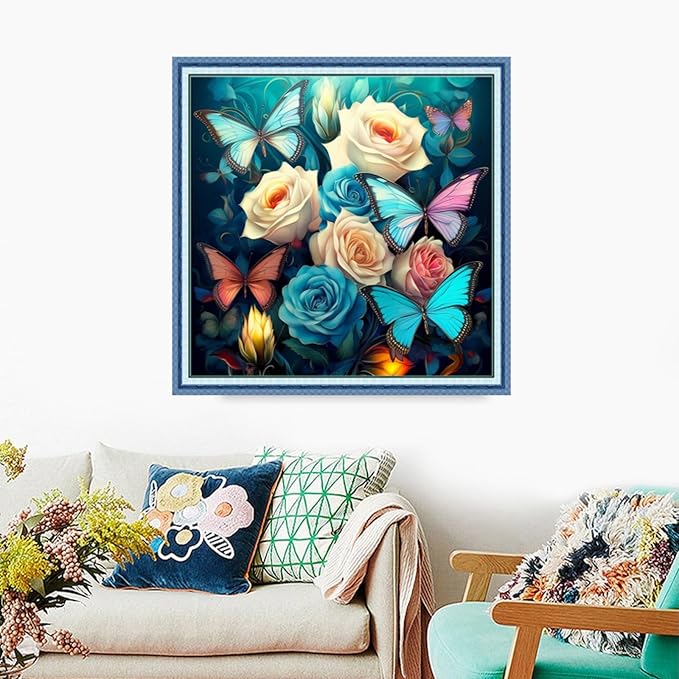 Foxdiviy Stamped Cross Stitch Kits Full Range of Embroidery Needlework Starter Kits for Beginners Adults 11CT Embroidery Patterns Art Crafts DIY Needlepoint Kits-Butterfly Flowers 18x18 inch