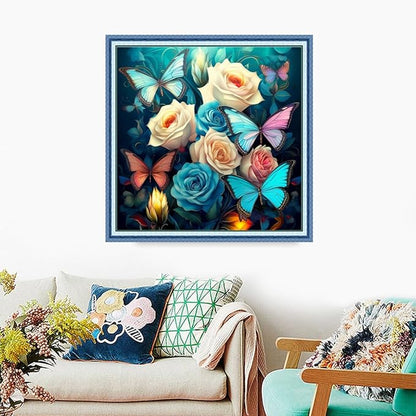 Foxdiviy Stamped Cross Stitch Kits Full Range of Embroidery Needlework Starter Kits for Beginners Adults 11CT Embroidery Patterns Art Crafts DIY Needlepoint Kits-Butterfly Flowers 18x18 inch