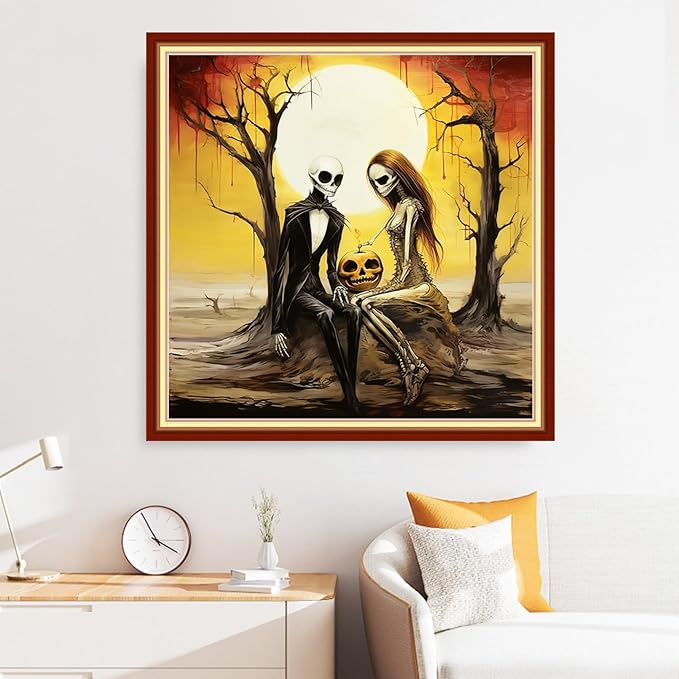 Disxvivy Cross Stitch Stamped Full Embroidery Kits DIY 11CT Cotton Thread Printed DIY Needlepoint Kits Craft Needlework Set Cross-Stitch Stamped Sets- Skeleton Couple 18x18 inch