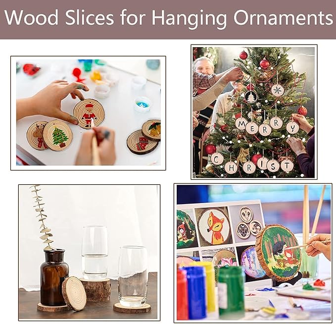 Artmag Natural Wood Slices 40pcs 2"-2.4" Unfinished DIY Crafts Predrilled with Hole Round Wooden Circles for Arts Rustic Wood Slices Christmas Ornaments Decor