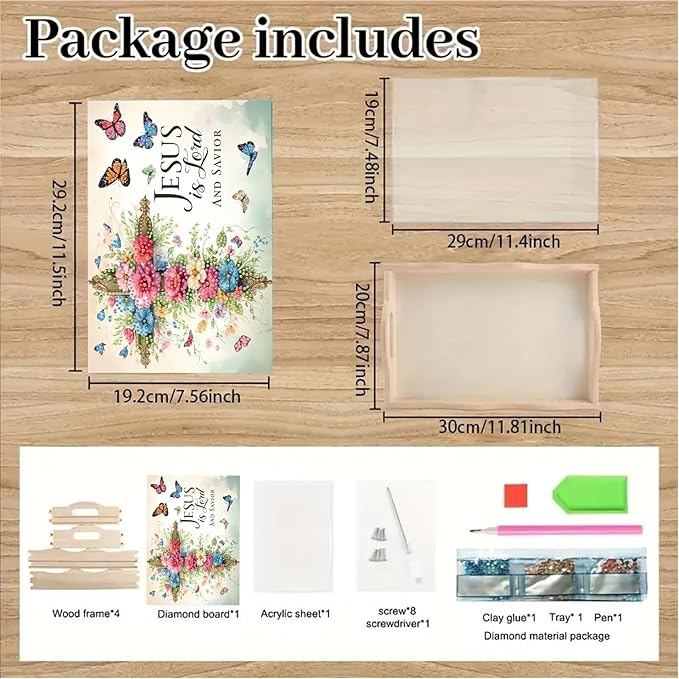 DoxQcs DIY Diamond Art Wooden Tray Kit Easter Food Tray with Handle Diamond Painted Table Decoration Tray for Breakfast Bar Dinner Table Diamond Art Painting for Beginners-#09-Flower Cross