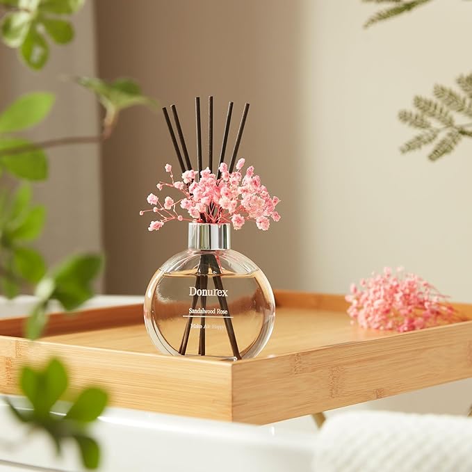 Donurex Flower Reed Diffuser Set 5.07oz Sandalwood Rose Scent Diffuser with Sticks Home Fragrance Reed Diffuser for Bathroom Shelf Decor