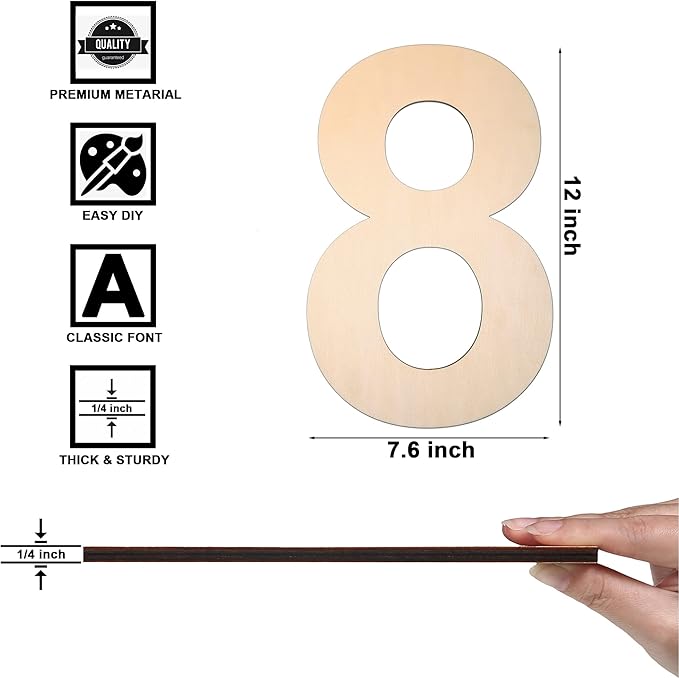 12 Inch Wooden Number 8, 1/4 Inch Thick Large Unfinished Wood Letter for DIY Crafts Home Wall Decor