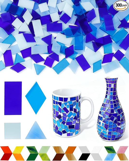 FIVEIZERO 260g Glass Mosaic Tiles for Crafts - 300 Pieces Tiny Mosaic Tile Kit, Irregular Pieces for DIY Craft Jewelry, Coaster Art & Mosaic Kits (Blue)
