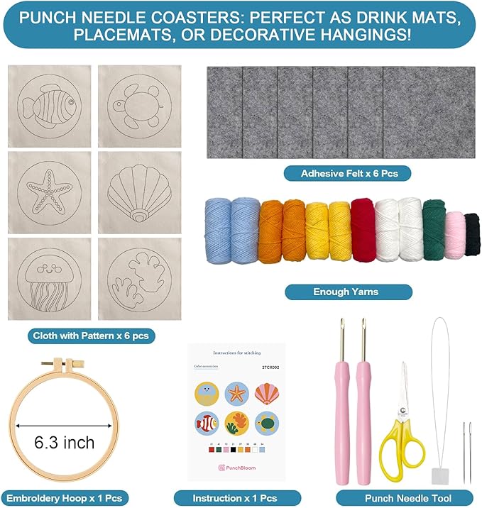 Punch Needle Coaster Kit for Adults Beginners, Easy Punch Embroidery Starter Set with Instructions – Fun Mug Rug Making Kit for Table Decor & Festival DIY Gifts (6pcs Marine Life)