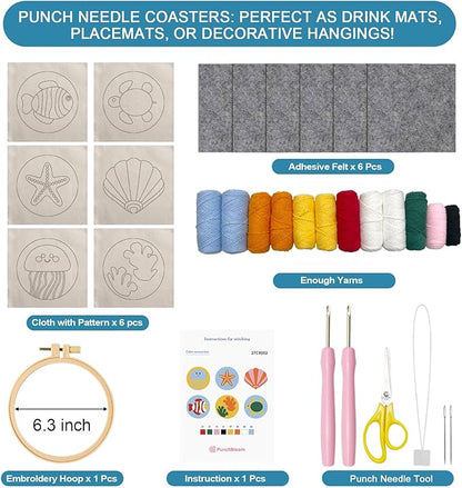 Punch Needle Coaster Kit for Adults Beginners, Easy Punch Embroidery Starter Set with Instructions – Fun Mug Rug Making Kit for Table Decor & Festival DIY Gifts (6pcs Marine Life)