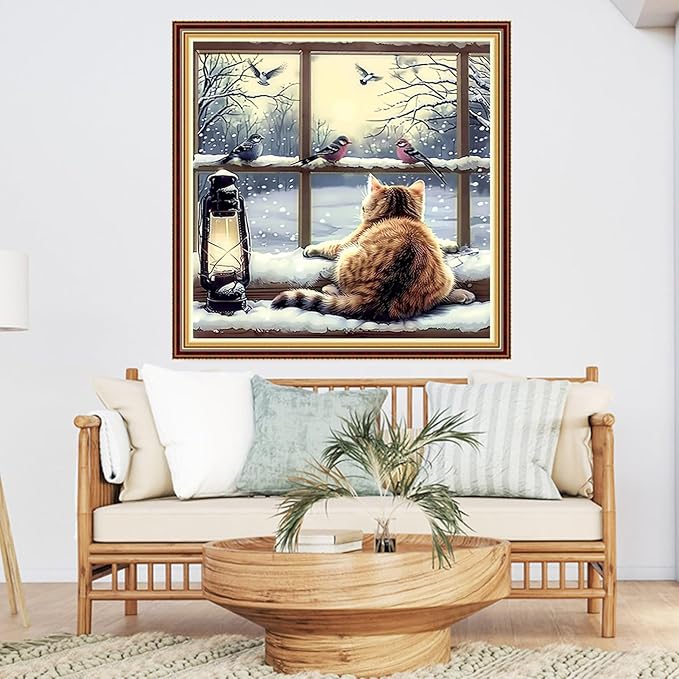 DMCVIVR Stamped Cross Stitch Kits for Adults Beginners Embroidery Kits 11CT Needlepoint Kits Cross Stitch Patterns Embroidery Patterns-Window sill cat Hunts Birds 18x18 inch