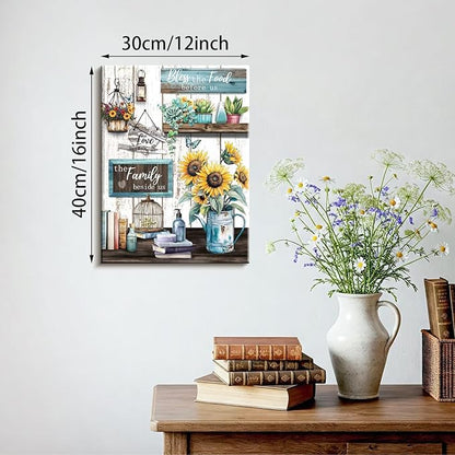 WENGTIAO Kitchen Canvas Wall Art Rustic Sunflower Pictures Vintage Bless The Food Before Us Sign Prints Paintings Christian Religious Bible Quotes Artwork for Farmhouse Dining Room Living Room 12x16in