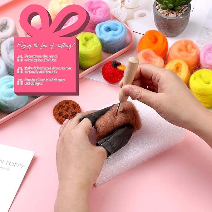 JUPEAN Needle Felting Kits, 60 Colors Wool Roving, Wool Felting Kit with Felting Needles, Foam Mat, Needle Felting Supplies