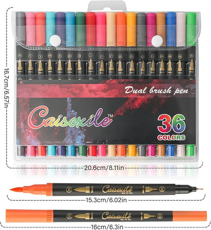 CAISEXILE 36 Colors Duo Tip Pens Art Markers Set, 72 Nibs Fine and Brush Tip for Adult Coloring Books Journaling Note Taking Lettering Calligraphy Drawing Pens Supplies