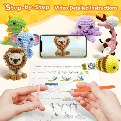 JackCao 6Pcs Crochet Kit for Beginners, 2026 DIY Craft Christmas Gift for Adults, Crochet Animal Kit with Step-by-Step Video Crochet Hook Tutorials Birthday for Crochet Lovers﻿ (Pink)