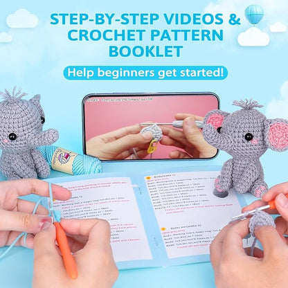 Crochetta Crochet Kit for Beginners, Beginner Crochet Starter Kit with Step-by-Step Video Tutorials, Learn to Crochet Kits for Adults, DIY Knitting Supplies, 2 Pack Elephant (40%+ Yarn)