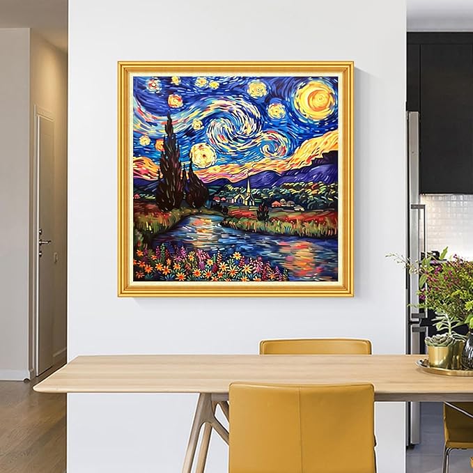 Foxhool Stamped Cross Stitch Kits,11CT Printed Cross Stitch Pattern Full Embroidery Kits for Beginner Needlepoint Kits-Van Gogh Starry Sky 18x18 inch