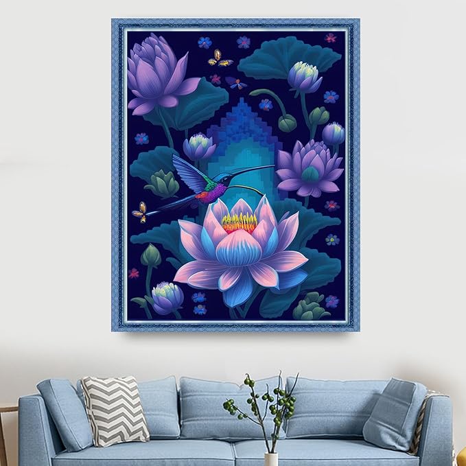 Findvoor Stamped Cross Stitch Kits for Beginners Full Range of Cross Stitching Embroidery Pattern for Adults, 11CT DIY Needlepoint Embroidery Starter Kits-Hummingbird Lotus 15.7x19.7 inch