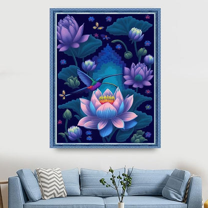 Findvoor Stamped Cross Stitch Kits for Beginners Full Range of Cross Stitching Embroidery Pattern for Adults, 11CT DIY Needlepoint Embroidery Starter Kits-Hummingbird Lotus 15.7x19.7 inch