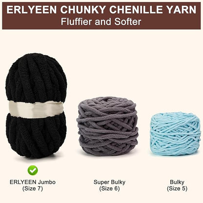 ERLYEEN Chenille Chunky Yarn Super Bulky Soft Thick Fluffy Jumbo Giant Washable Polyester Big Yarn DIY for Arm Knit Blanket Cushion Bed Sofa Home Decor,Black,2.2LB
