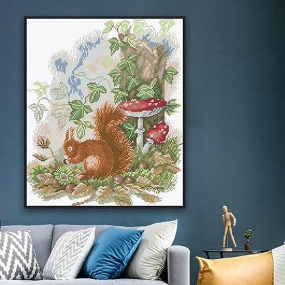 Qeerysew Cross Stitch Kits Stamped Full Range of Embroidery Starter Kits for Beginners DIY- Printed kit The Little Squirrel Foraging(Printed) 11CT17.3x20.1inches