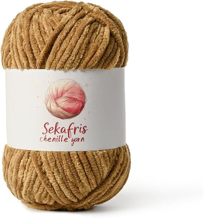 Brown Chunky Chenille Yarn for Crocheting, Bulky Velvet Yarns for Crochet, Baby Yarn for Crocheting Soft Blanket, 131yds /3.53 oz Fluffy Amigurumi Crochet Yarn