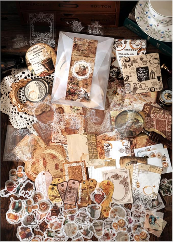 200PCS Vintage Scrapbooking Supplies Pack for Junk Journal Planners Decoupage Paper Scrapbook Stickers Aesthetic Cottagecore Collage Craft Album (Coffee)