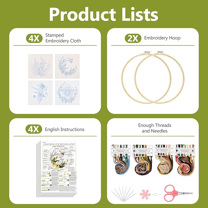 Santune 4 Pack Embroidery Kit for Beginners,Needlepoint Cross Stitch Kits for Adults,Needle Point Sets with Bee Flower Pattern Stitch Video Tutorial