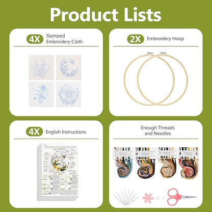 Santune 4 Pack Embroidery Kit for Beginners,Needlepoint Cross Stitch Kits for Adults,Needle Point Sets with Bee Flower Pattern Stitch Video Tutorial