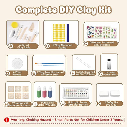 Air Dry Clay for Adults - Pottery kit for Beginner, Air Dry Clay w/Air Dy Clay Tools,White Dry Clay,Sculpting Tools, Gloss Varnish,DIY Plate Making Kit for Arts & Crafts,Christmas Gift