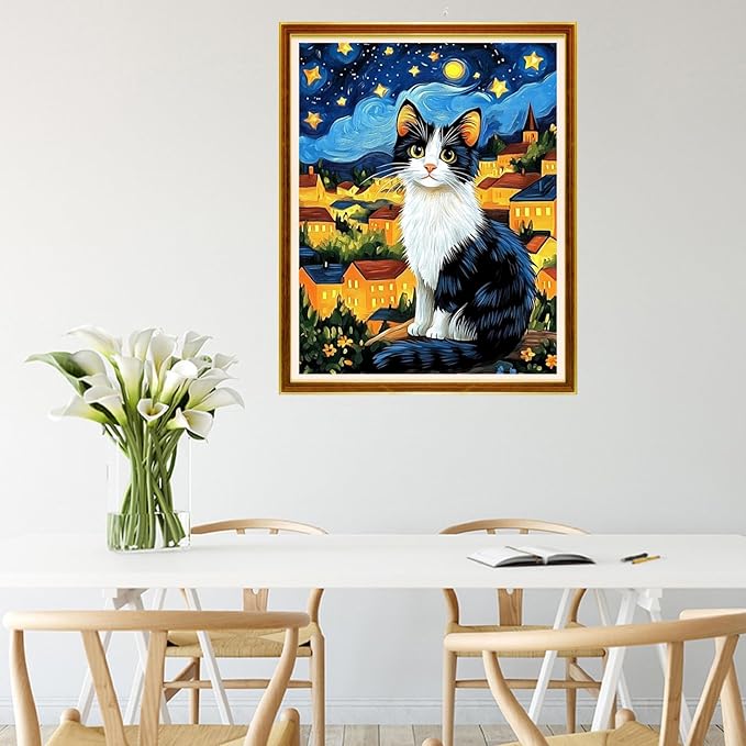 Joycasa Stamped Cross Stitch Kits for Beginners Full Range of Cross Stitching 11 CT Printed Cross Stitch Kit for Adults Cross-Stitch Patterns Needlepoint Kits-Starry Night Cat 16x20 inchs