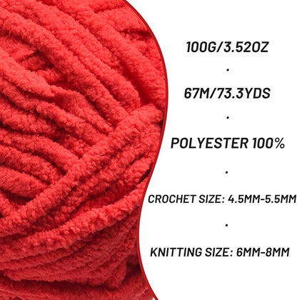 Chunky Chenille Yarn for Crocheting，Baby Yarn for Crocheting Soft Blankets，Bulky Yarns for Crochet Amigurumi，2×100g (2×74.3yds) Fluffy Velvet Yarns for Hand Knitting (2 Bright Red)