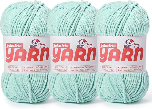 3 Pack Plush Chunky Chenille Yarn for Crocheting, Soft Fluffy Velvet Yarn for Crocheting, Fuzzy Baby Blanket Knitting Yarn, 300g/393yds Bulky Amigurumi Yarns（3 Aqua Green）