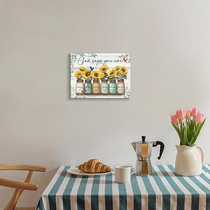 WENGTIAO Christian Sunflower Canvas Wall Art Print God Says You Are Picture Bible Verse Poster Inspirational Scripture Painting Mason Jar Flower Wall Decor Quotes Artwork for Living Room Bedroom 12x16 inch