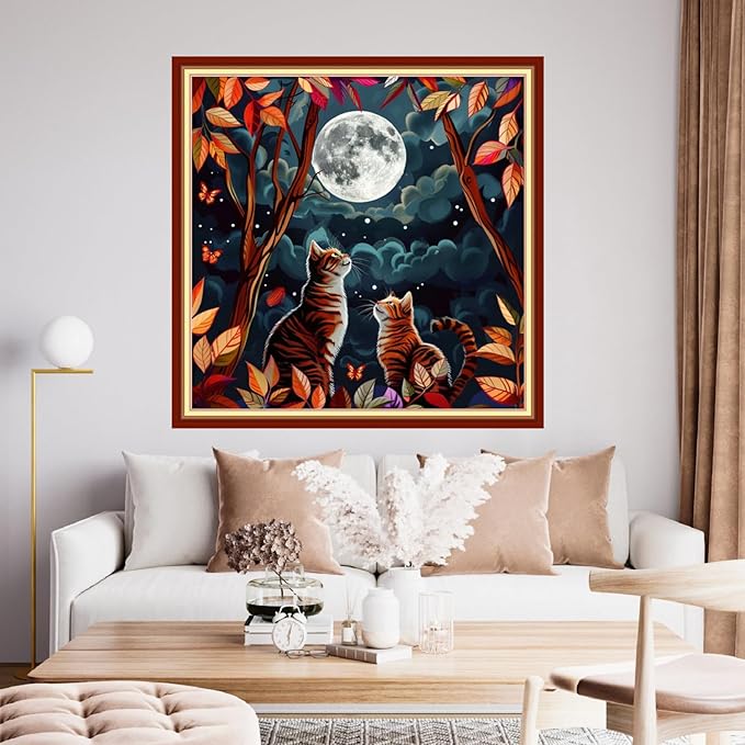 Funchey Stamped Cross Stitch Kits, DIY Cross Stitch Pattern for Adults Beginners Needlepoint Kits Embroidery Kit Arts and Crafts 11CT&Two Cats Admiring The Moon 18x18 inchs