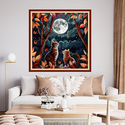 Funchey Stamped Cross Stitch Kits, DIY Cross Stitch Pattern for Adults Beginners Needlepoint Kits Embroidery Kit Arts and Crafts 11CT&Two Cats Admiring The Moon 18x18 inchs