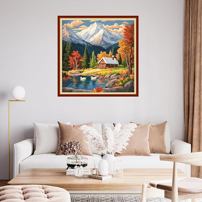 Fanxvivy Stamped Cross Stitch Kits for Beginners Full Range of Cross Stitching Preprinted Embroidery Kits for Adults, 11CT Embroidery Pattern Needlepoint Kits-Swan Lake in Late Autumn 18x18 inch