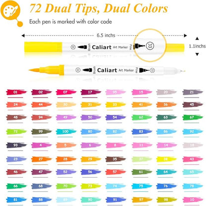 Caliart 72 Colors Double Tip Brush Pens Art Markers, Artist Fine & Brush Pen Coloring Markers for Adult Book Cards Drawing Craft Kit Teacher Office Supplies