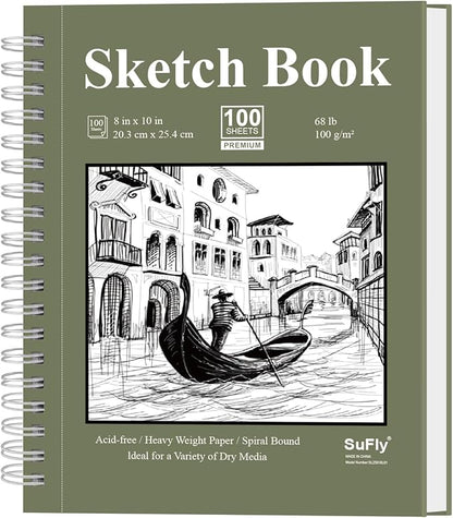 SuFly Spiral Bound Sketchbook 8x10, 100 Sheets Hardcover Sketch Books, 68lb/100gsm Sketch Paper, Sketch Pads for Drawing for Adults, Sketchbook for Art Class & School.