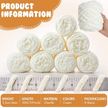 Buryeah 8 Pack Chunky Chenille Yarn for Crocheting Soft Thick Fluffy Yarn for Hand Knitting Bulky Velvet Blanket Plush for Weaving DIY Crafts Each 3.5 oz 55 Yards (Cream)