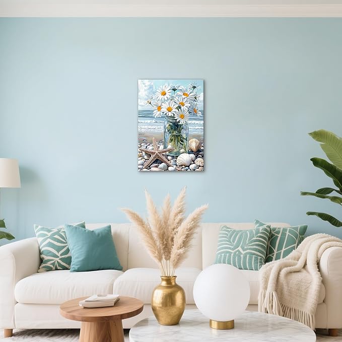 WENGTIAO Blue Beach Bunch of Flowers Canvas Wall Art Ocean Stones Paintings White Flowers in Full Bloom Wall Picture Canvas Print Artwork Wall Decor for Dining Office Living Room Bedroom 16"x24"