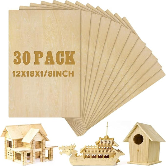 Juexica 30 Pcs Basswood Craft Sheets 3mm Plywood Board Wood Thin Sheets for Arts Crafts Woodworking Scroll Sawing Projects Painting Drawing Laser Cutting Projects (12" X 18"X 1/8")