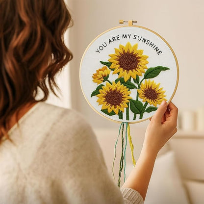 Nuberlic Sunflower Embroidery Kit for Beginners -Adults Starter Cross Stitch Kit DIY Needlepoint with Hoop, Pre-Printed Fabric, Threads & Step-by-Step Guide