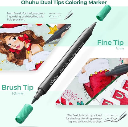 Ohuhu Markers Brush Tip 48-colors with 36-sheet Coloring Book - Double Tipped Markers for Adults Coloring Books - Art Marker Set Bundles with 100% Bleed-proof Pages - Fine & Brush Dual Tips