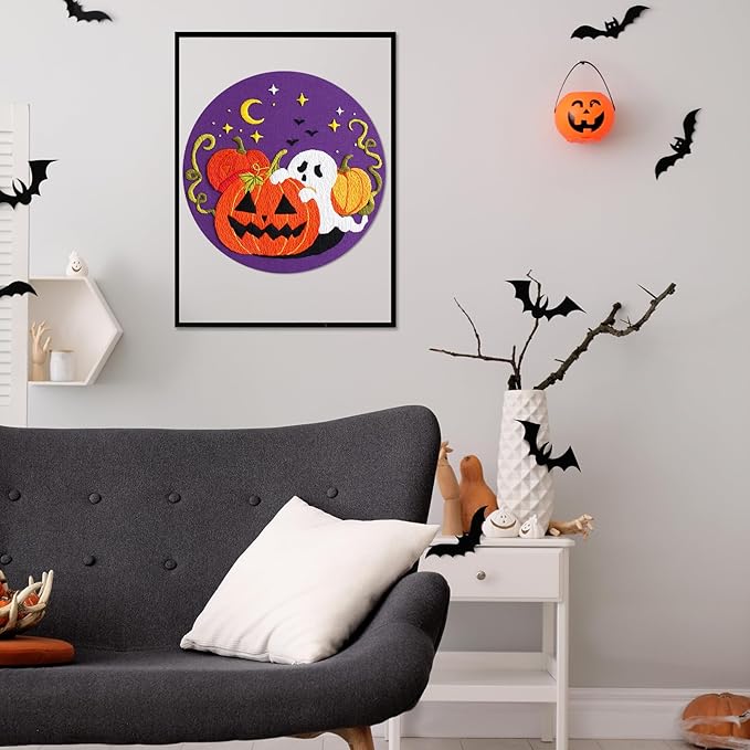 Nuberlic Halloween Embroidery Kits for Beginners Ghost Pumpkin DIY Cross Stitch Starter Craft Kits for Adults Including Cloth with Pattern Hoop Needles Instruction and Threads
