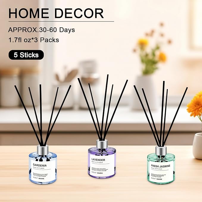 POWSHELF Reed Diffuser Set of 3 Pack,50ML Lavender Jasmine Lemon Basil Scented Oil Diffuser with 5 Sticks,Home Fragrance Reed Diffuser for Bedroom Bathroom Office (Lavender/Jasmine/Fig Cedar)