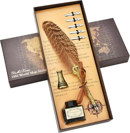 Hethrone Quill Pen Ink Set - Calligraphy Pens Includes Feather Pen, Pen Holder and 5 Replacement Nibs Holiday Ideal Gifts (Brown)